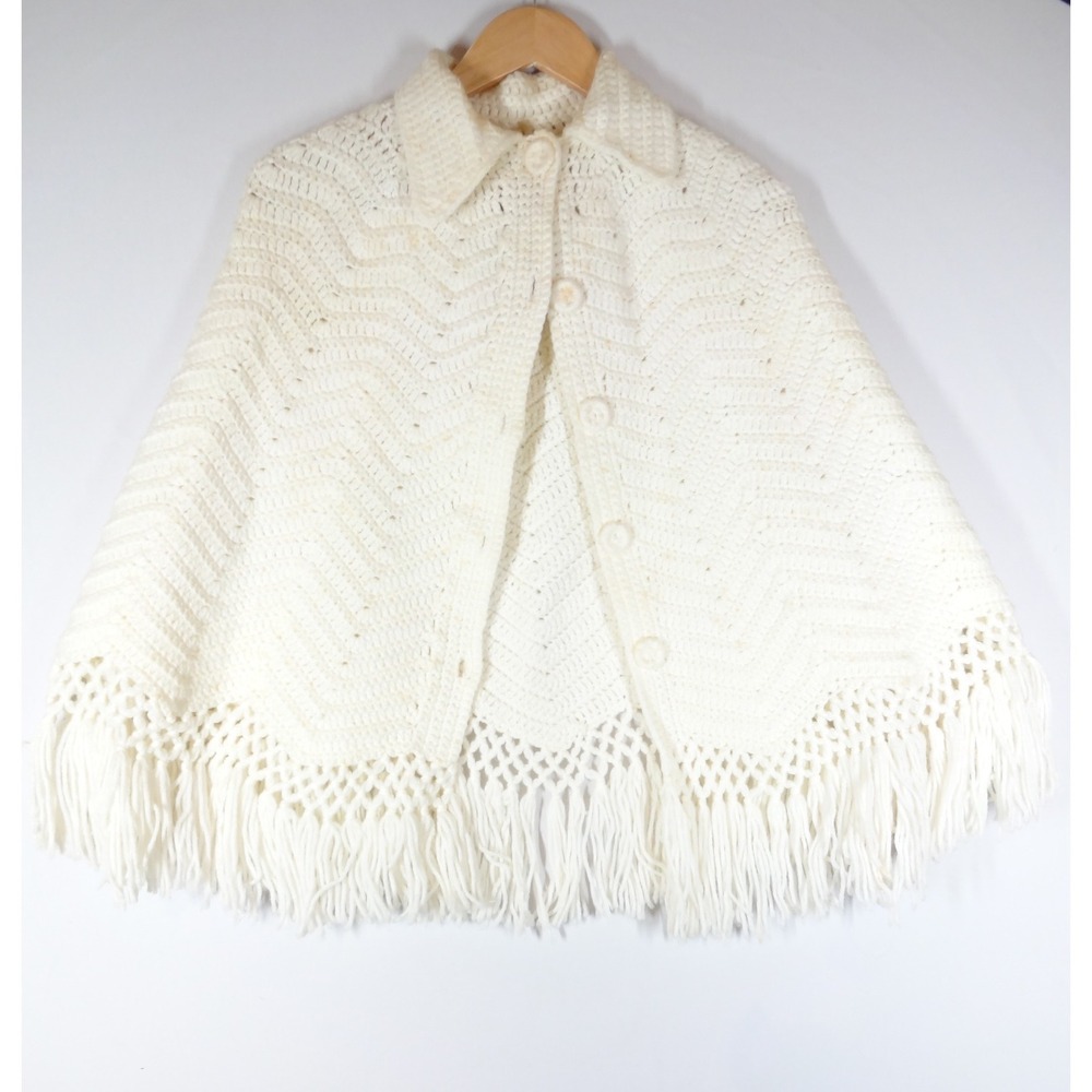 VTG Handmade Poncho Shawl Women OS Cream Crochet Fringe Boho Cozy